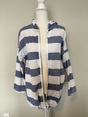 Charlie B Striped Hooded Cardigan Linen Blend Relaxed Fit L
